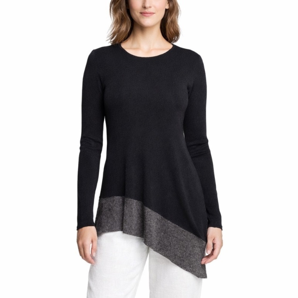 Eileen Fisher Black & Metallic Asymmetrical Tunic Top Minimalist Drape Hem Small